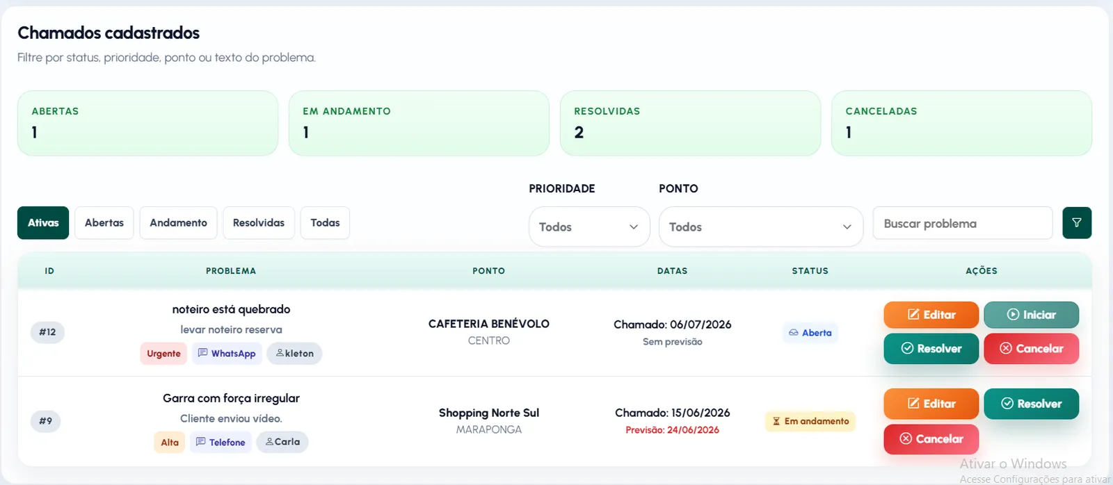 Tela do módulo de pendências do VendMaster mostrando pendências cadastradas por ponto