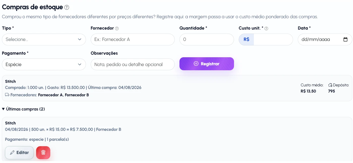 Tela de compras de estoque do VendMaster, com os campos de fornecedor, quantidade, custo unitário e data, e o resumo do produto mostrando o custo médio consolidado das compras