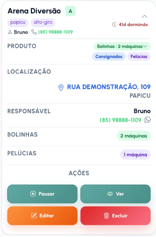 Cadastro de ponto do VendMaster com produtos, localização, responsável e ações de pausar, editar ou excluir
