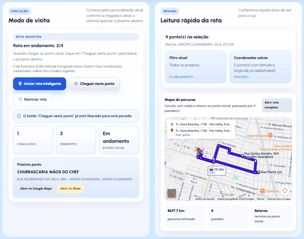 Tela de rota inteligente do VendMaster com pontos selecionados, mapa do percurso e próximo destino