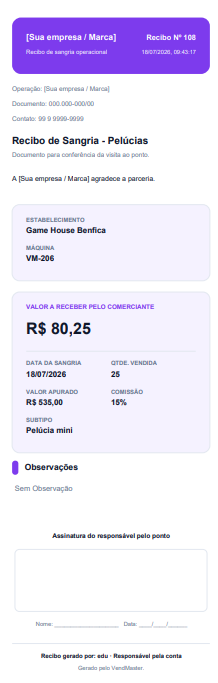 Modelo demonstrativo de recibo de sangria de pelúcias com marca da operação, dados do acerto e campo de assinatura